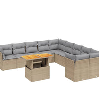11-tlg. Garten-Sofagarnitur mit Kissen Beige Poly Rattan