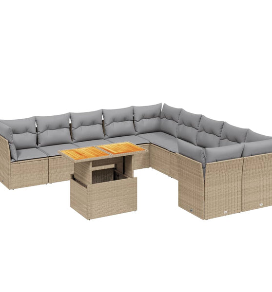 11-tlg. Garten-Sofagarnitur mit Kissen Beige Poly Rattan
