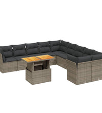 11-tlg. Garten-Sofagarnitur mit Kissen Grau Poly Rattan
