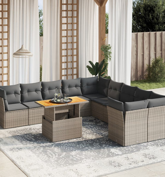 11-tlg. Garten-Sofagarnitur mit Kissen Grau Poly Rattan