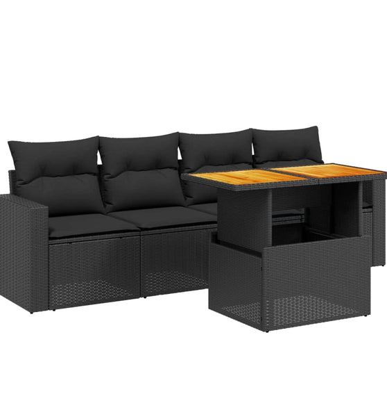 5-tlg. Garten-Sofagarnitur mit Kissen Schwarz Poly Rattan
