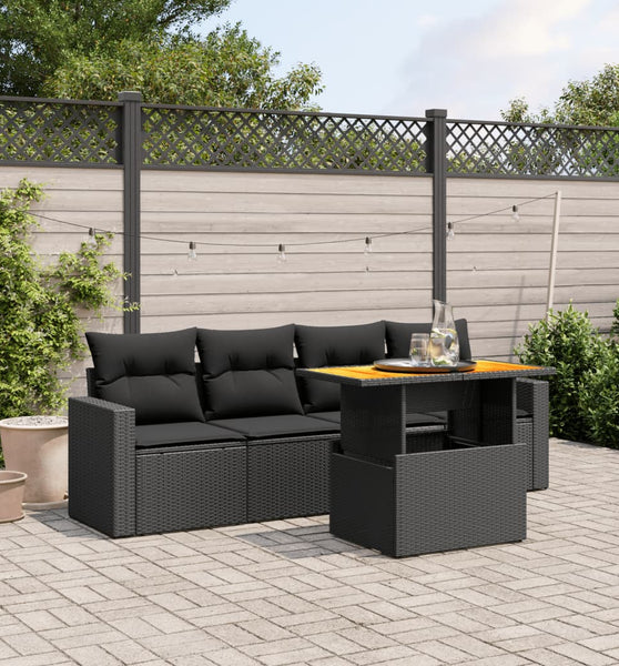 5-tlg. Garten-Sofagarnitur mit Kissen Schwarz Poly Rattan
