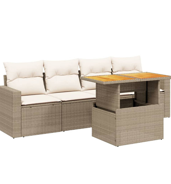 5-tlg. Garten-Sofagarnitur mit Kissen Beige Poly Rattan