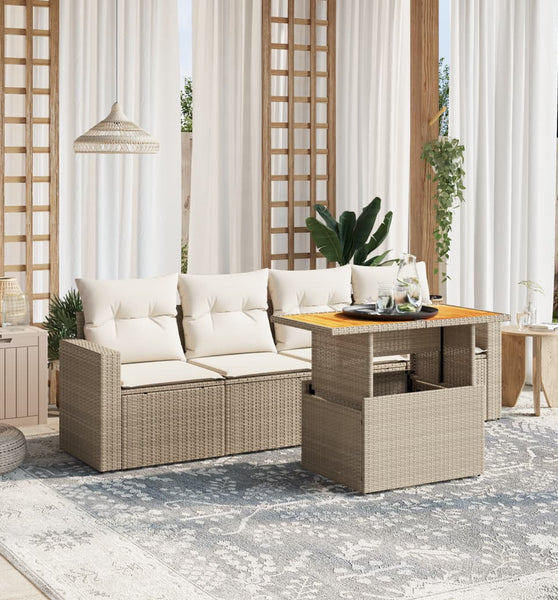 5-tlg. Garten-Sofagarnitur mit Kissen Beige Poly Rattan