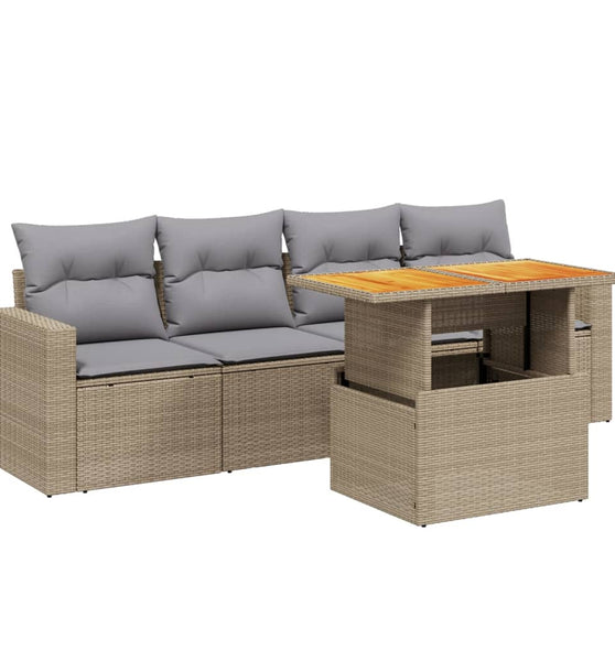 5-tlg. Garten-Sofagarnitur mit Kissen Beige Poly Rattan