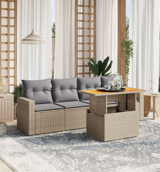 5-tlg. Garten-Sofagarnitur mit Kissen Beige Poly Rattan