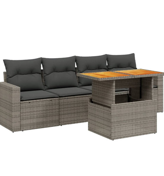 5-tlg. Garten-Sofagarnitur mit Kissen Grau Poly Rattan