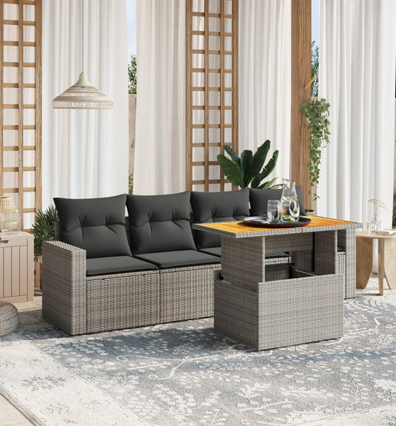 5-tlg. Garten-Sofagarnitur mit Kissen Grau Poly Rattan