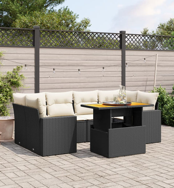 7-tlg. Garten-Sofagarnitur mit Kissen Schwarz Poly Rattan