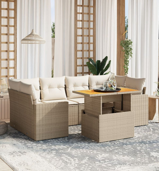 7-tlg. Garten-Sofagarnitur mit Kissen Beige Poly Rattan