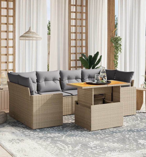 7-tlg. Garten-Sofagarnitur mit Kissen Beige Poly Rattan