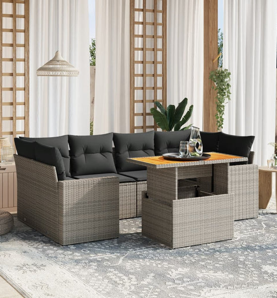 7-tlg. Garten-Sofagarnitur mit Kissen Grau Poly Rattan