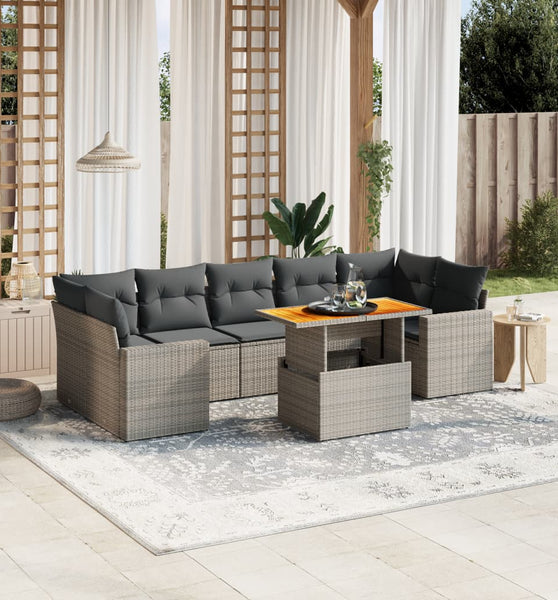 8-tlg. Garten-Sofagarnitur mit Kissen Grau Poly Rattan