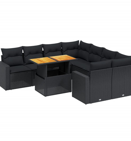 9-tlg. Garten-Sofagarnitur mit Kissen Schwarz Poly Rattan