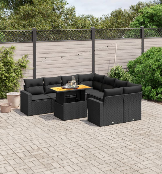 9-tlg. Garten-Sofagarnitur mit Kissen Schwarz Poly Rattan