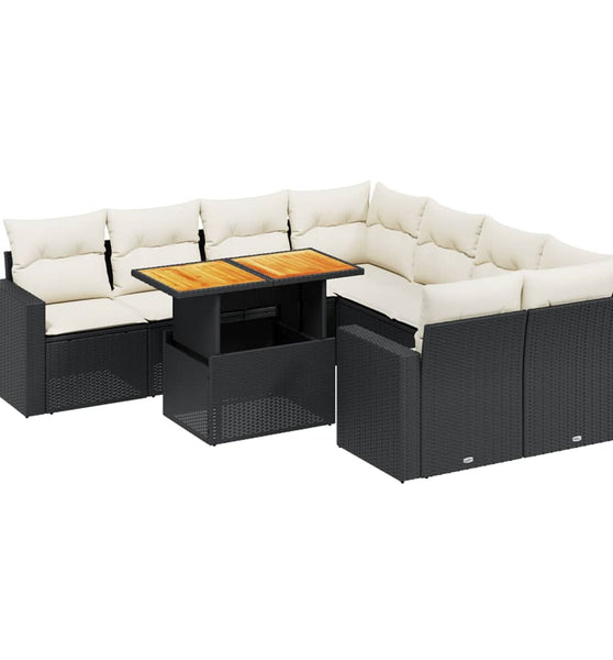 9-tlg. Garten-Sofagarnitur mit Kissen Schwarz Poly Rattan
