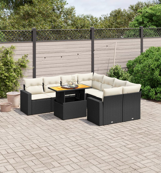 9-tlg. Garten-Sofagarnitur mit Kissen Schwarz Poly Rattan