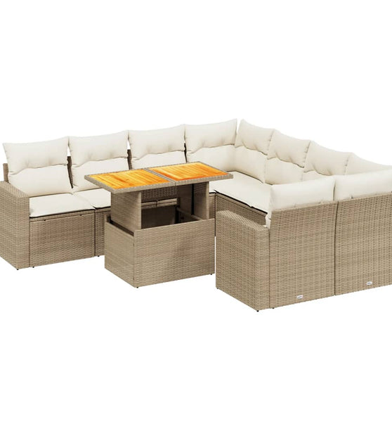 9-tlg. Garten-Sofagarnitur mit Kissen Beige Poly Rattan