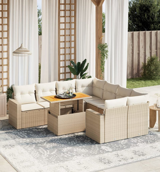 9-tlg. Garten-Sofagarnitur mit Kissen Beige Poly Rattan