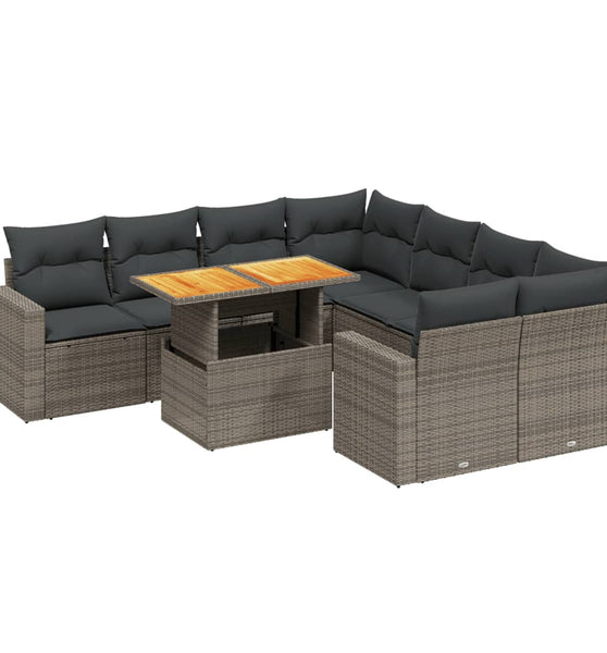 9-tlg. Garten-Sofagarnitur mit Kissen Grau Poly Rattan