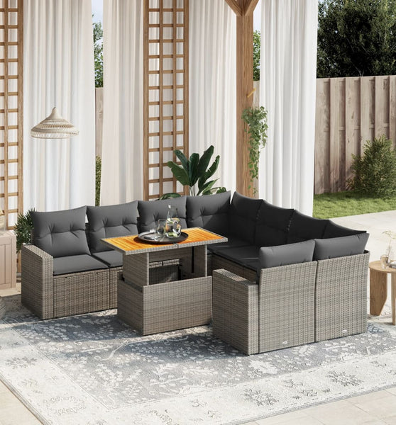 9-tlg. Garten-Sofagarnitur mit Kissen Grau Poly Rattan