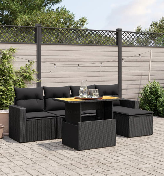 6-tlg. Garten-Sofagarnitur mit Kissen Schwarz Poly Rattan