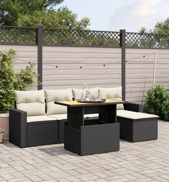 6-tlg. Garten-Sofagarnitur mit Kissen Schwarz Poly Rattan