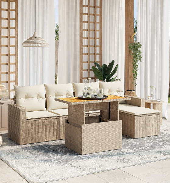 6-tlg. Garten-Sofagarnitur mit Kissen Beige Poly Rattan