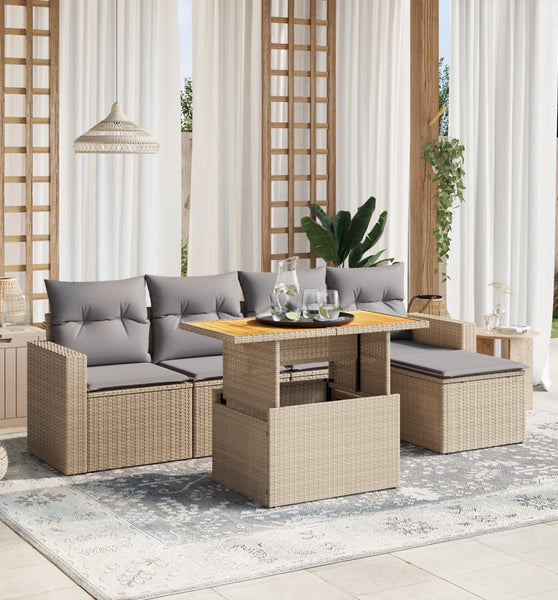 6-tlg. Garten-Sofagarnitur mit Kissen Beige Poly Rattan