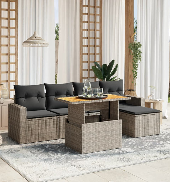6-tlg. Garten-Sofagarnitur mit Kissen Grau Poly Rattan