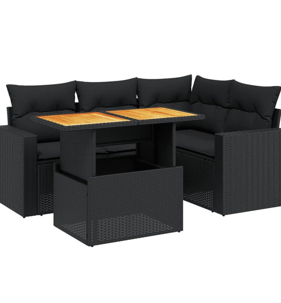 5-tlg. Garten-Sofagarnitur mit Kissen Schwarz Poly Rattan