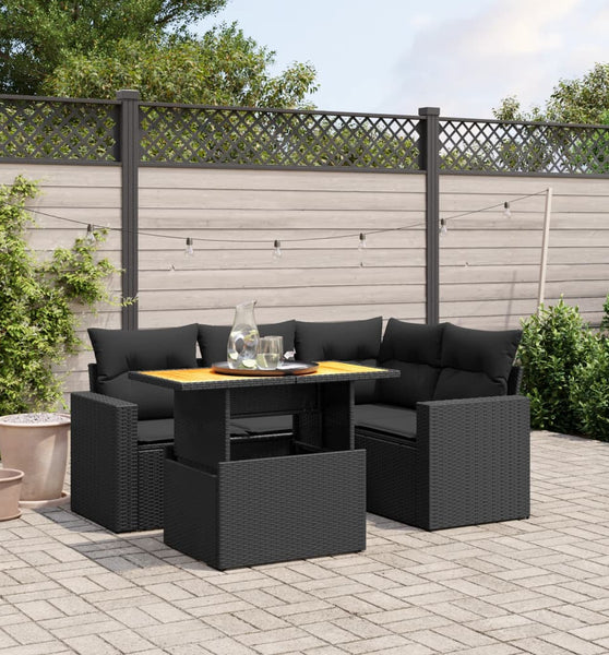 5-tlg. Garten-Sofagarnitur mit Kissen Schwarz Poly Rattan