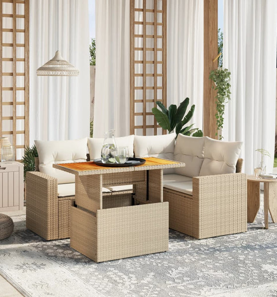 5-tlg. Garten-Sofagarnitur mit Kissen Beige Poly Rattan