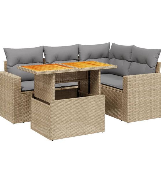 5-tlg. Garten-Sofagarnitur mit Kissen Beige Poly Rattan
