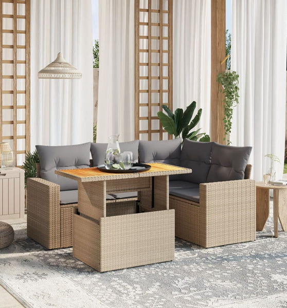 5-tlg. Garten-Sofagarnitur mit Kissen Beige Poly Rattan