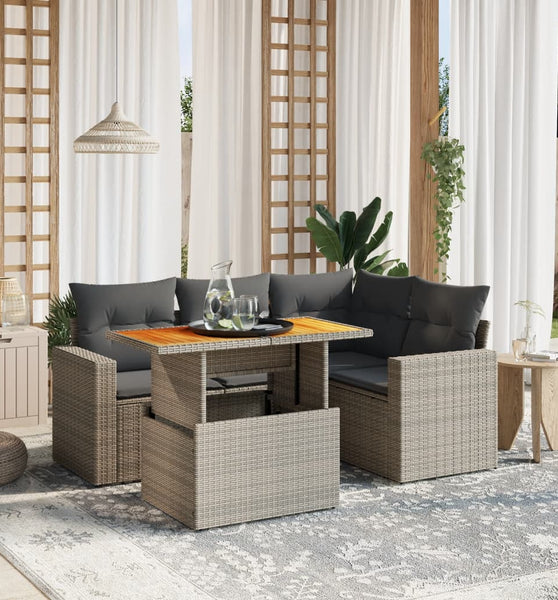 5-tlg. Garten-Sofagarnitur mit Kissen Grau Poly Rattan