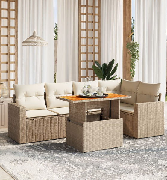 6-tlg. Garten-Sofagarnitur mit Kissen Beige Poly Rattan