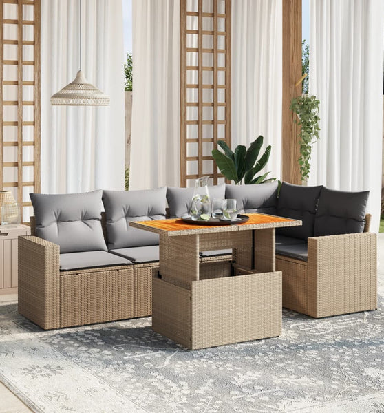 6-tlg. Garten-Sofagarnitur mit Kissen Beige Poly Rattan