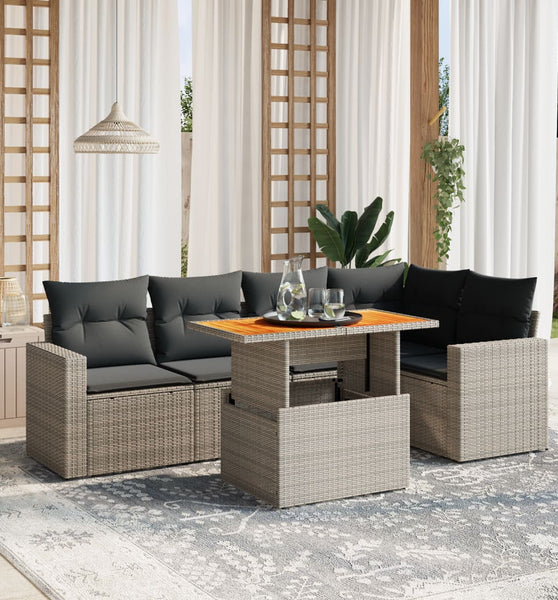 6-tlg. Garten-Sofagarnitur mit Kissen Grau Poly Rattan