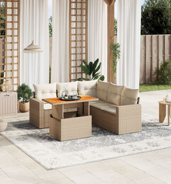 6-tlg. Garten-Sofagarnitur mit Kissen Beige Poly Rattan