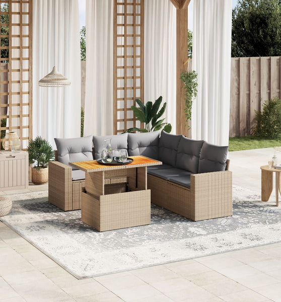 6-tlg. Garten-Sofagarnitur mit Kissen Beige Poly Rattan
