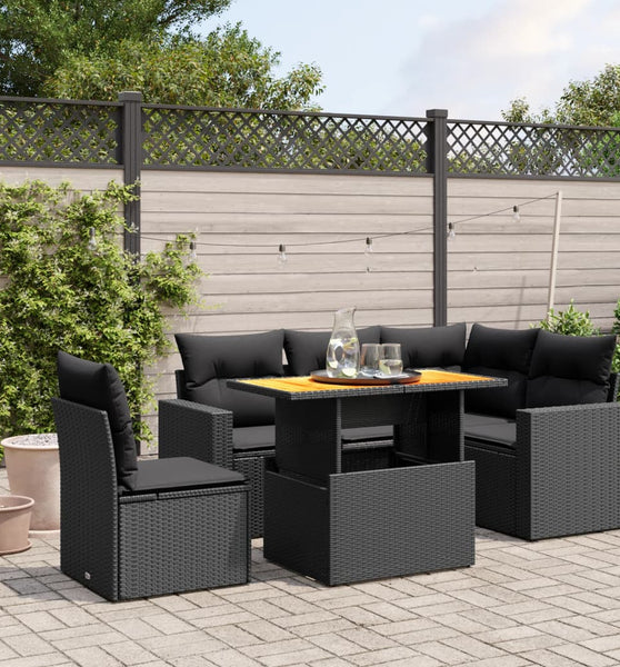 6-tlg. Garten-Sofagarnitur mit Kissen Schwarz Poly Rattan