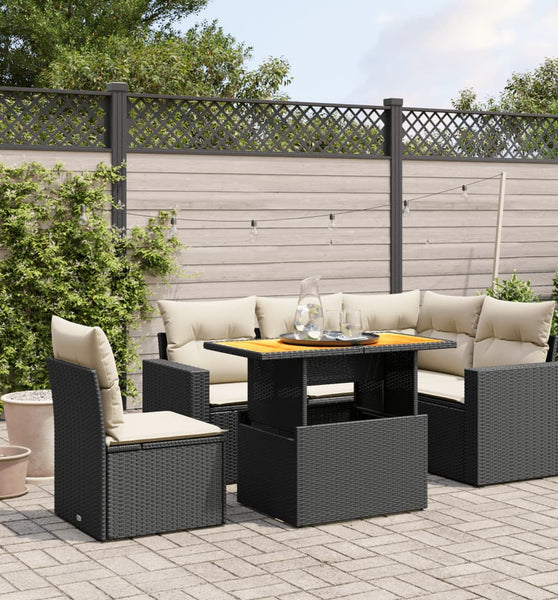 6-tlg. Garten-Sofagarnitur mit Kissen Schwarz Poly Rattan