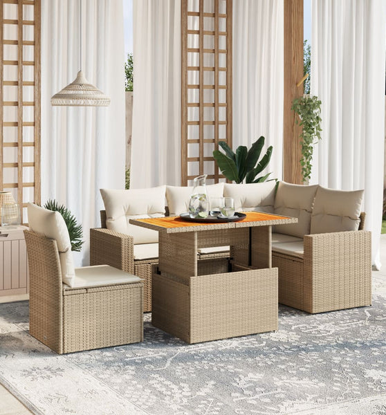 6-tlg. Garten-Sofagarnitur mit Kissen Beige Poly Rattan