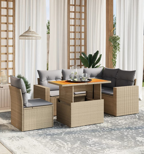6-tlg. Garten-Sofagarnitur mit Kissen Beige Poly Rattan