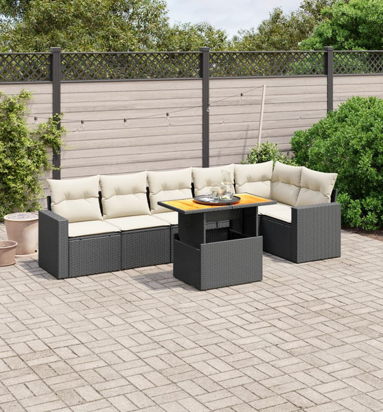 7-tlg. Garten-Sofagarnitur mit Kissen Schwarz Poly Rattan