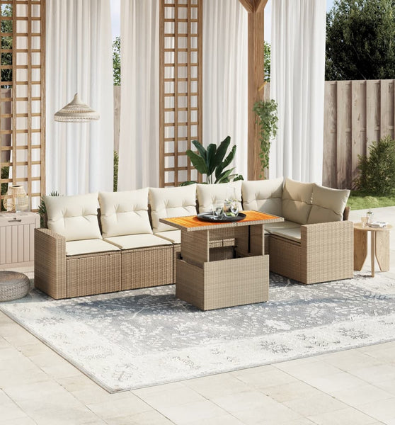 7-tlg. Garten-Sofagarnitur mit Kissen Beige Poly Rattan