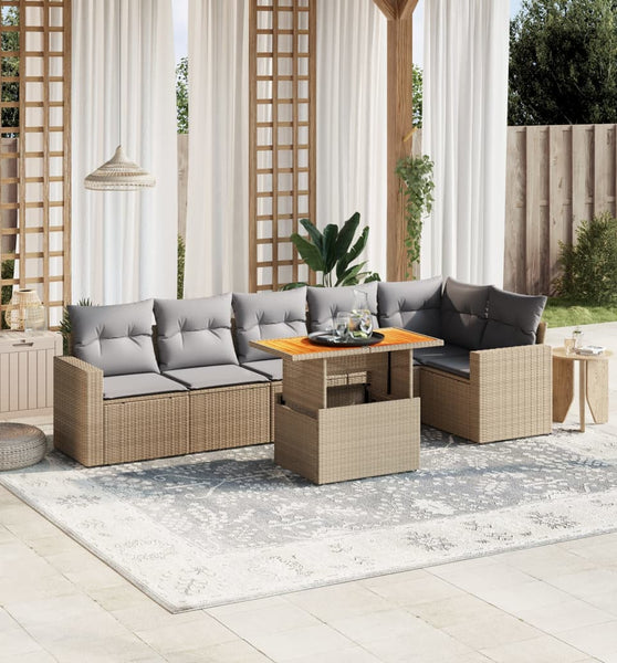 7-tlg. Garten-Sofagarnitur mit Kissen Beige Poly Rattan