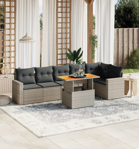 7-tlg. Garten-Sofagarnitur mit Kissen Grau Poly Rattan