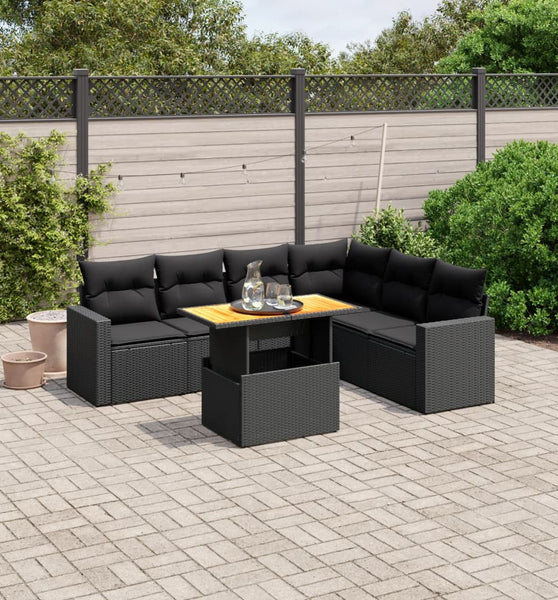 7-tlg. Garten-Sofagarnitur mit Kissen Schwarz Poly Rattan